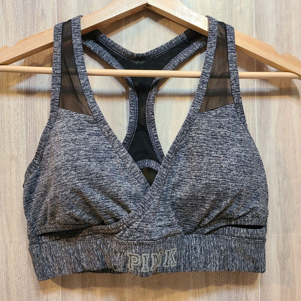 PINK Victoria’s Secret Sports Bra Medium Gray Racerback Mesh Athletic Active